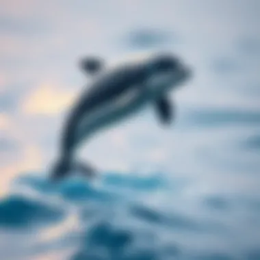 A playful dolphin jumping out of the ocean water, symbolizing intelligence