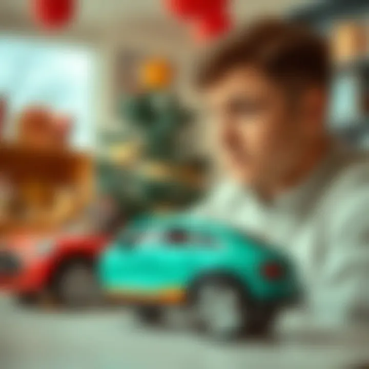 A thoughtful gift giver considering options for a toy car