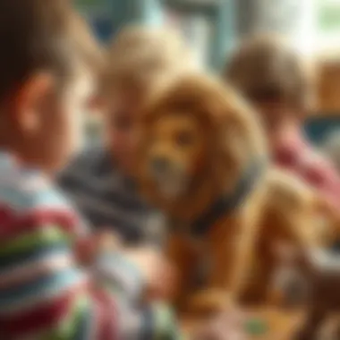 Imaginative Play with Lion Figure Children engaging with a lion figure during imaginative play