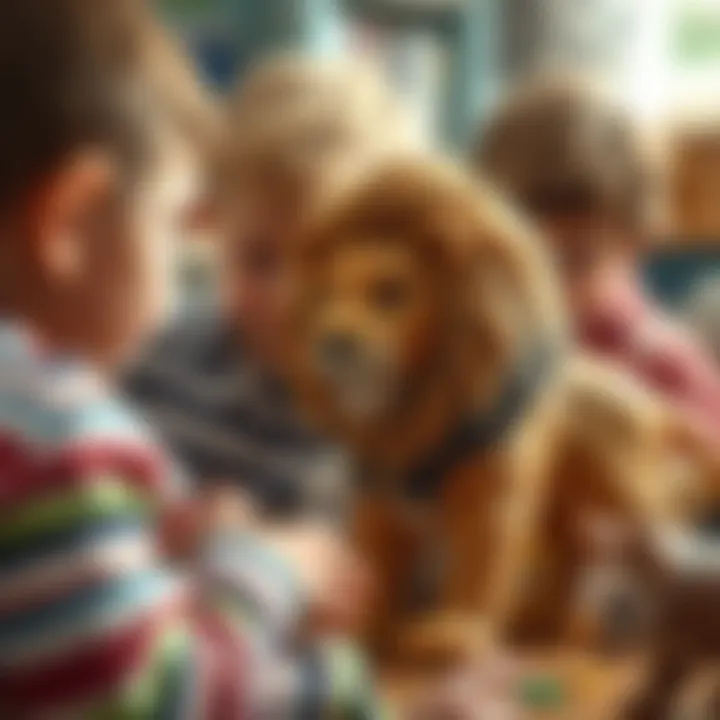 Imaginative Play with Lion Figure Children engaging with a lion figure during imaginative play