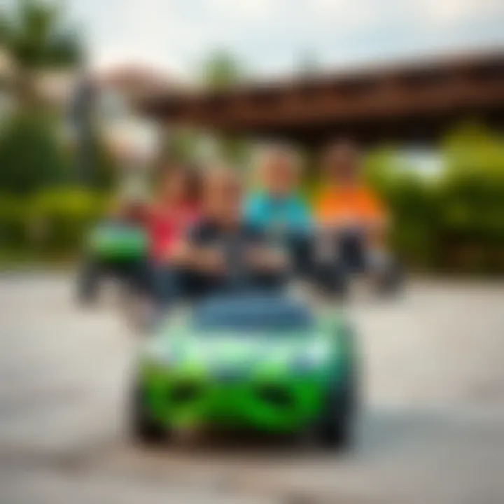 Children playing with remote control cars outdoors