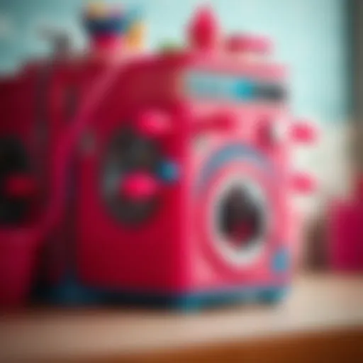 Colorful Barbie laundry machine showcasing its features.