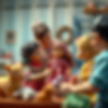 A vibrant scene of family interaction around doll dressing