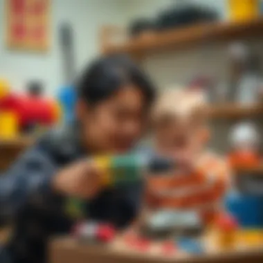 Engagement between Parent and Child with a Drill Playset Parent and child engaging with a drill playset