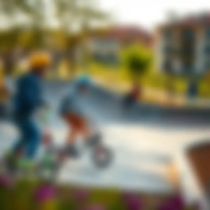Group of youth practicing BMX scooter tricks at a skate park