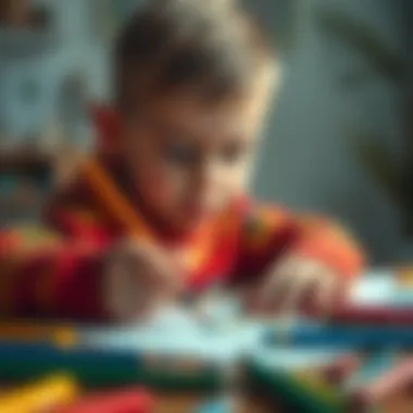 Child engaged in creative drawing with colored pencils