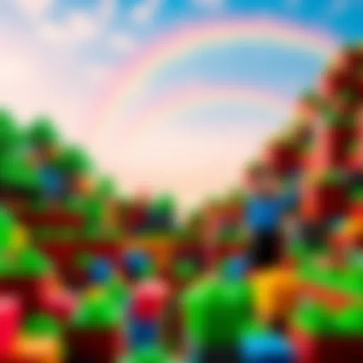 A vibrant Minecraft landscape filled with colorful blocks and a rainbow.
