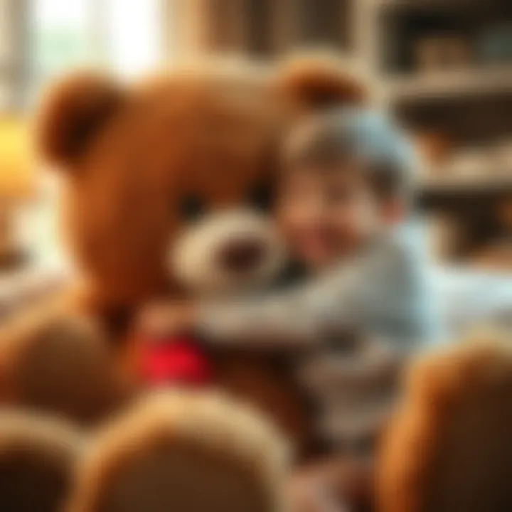Joyful Child with a Large Plush Bear A joyful child hugging a large plush bear in a cozy setting