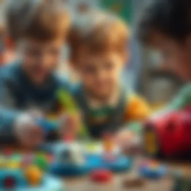 Children engaging with educational toys and character visuals