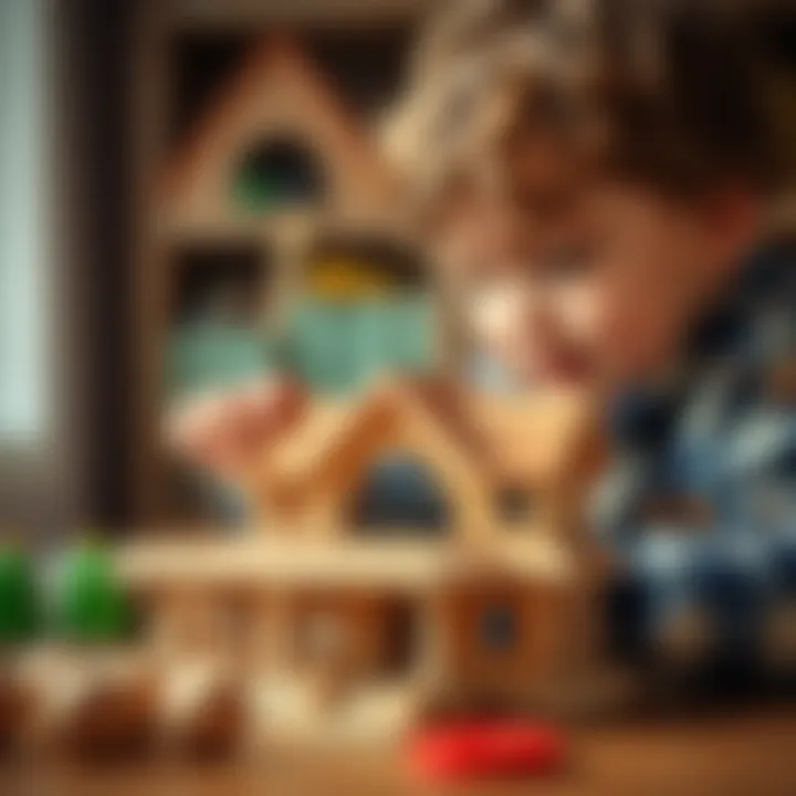 A child engaged in assembling a wooden house model