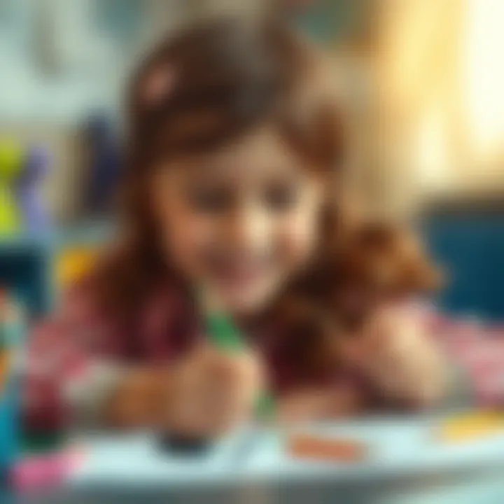 A child happily drawing with colored pencils