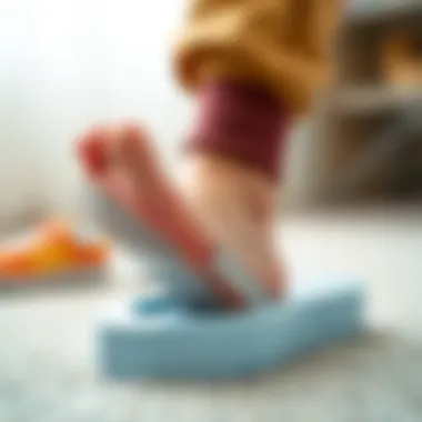 A foot measuring device measuring a child's foot size.