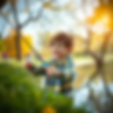 Child playing with a fishing rod in a park