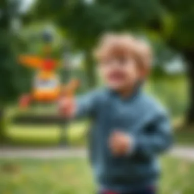 A child joyfully playing with a remote-controlled helicopter in a park.