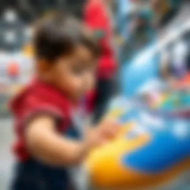 A close-up of a child trying on sports shoes in a store.