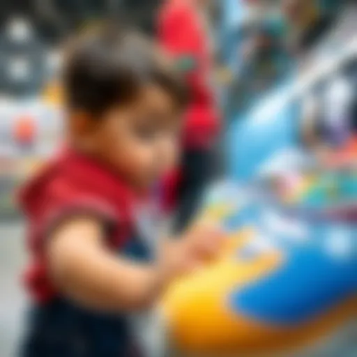 A close-up of a child trying on sports shoes in a store.