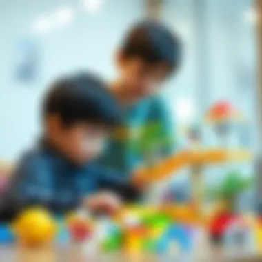 Children building structures with transparent Lego pieces.