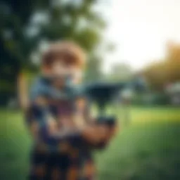 A child controlling a drone in a park.