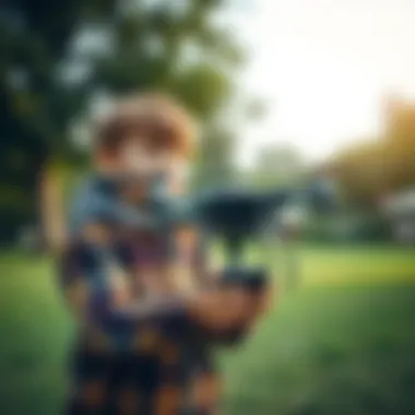 A child controlling a drone in a park.