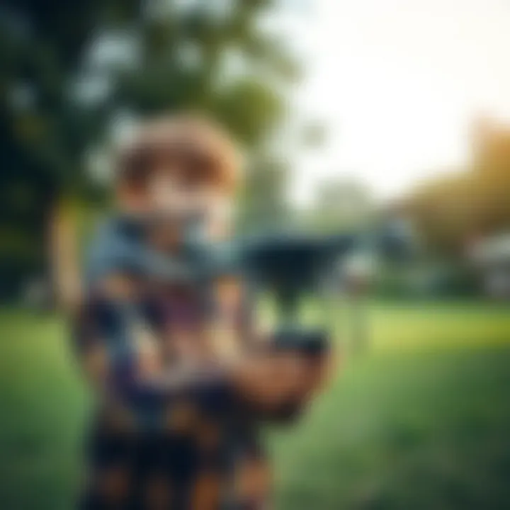 A child controlling a drone in a park.