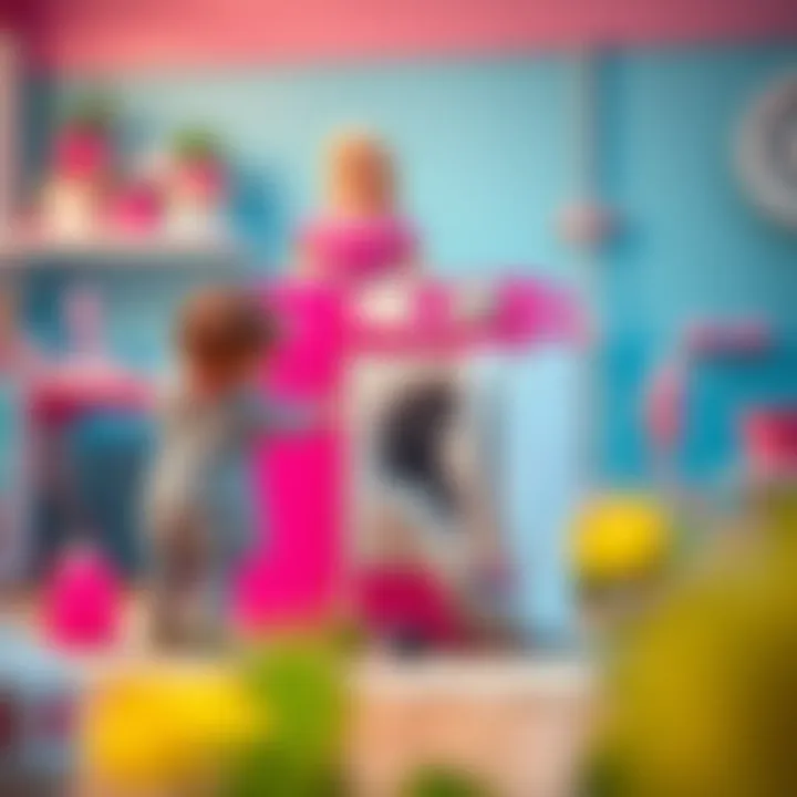 Children engaging with Barbie laundry machine in a playful scenario.