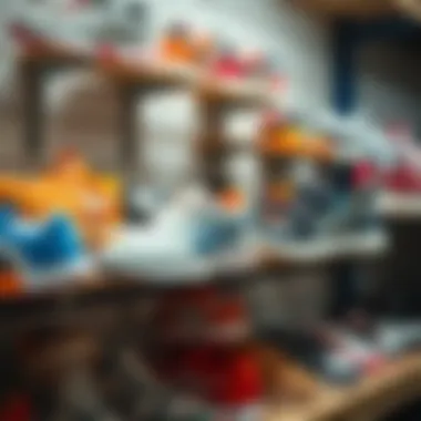 Different styles of children's sports shoes displayed on a shelf.