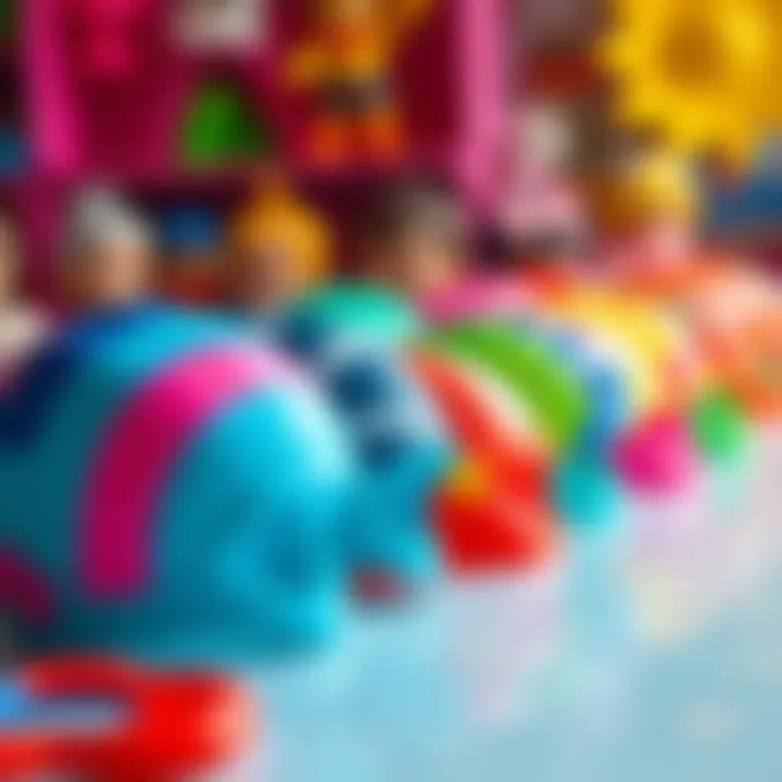 A collection of colorful children's swim caps displayed on a table