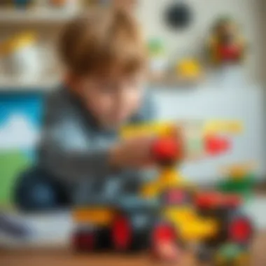 Child interacting with a remote-controlled construction toy