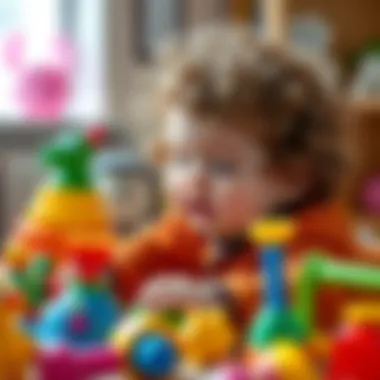 Curly-haired baby playing with colorful toys