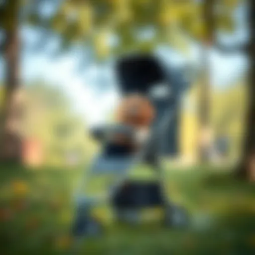 A stylish dog stroller in a park setting