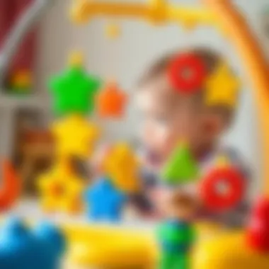 Infant engaging with a mobile featuring various shapes