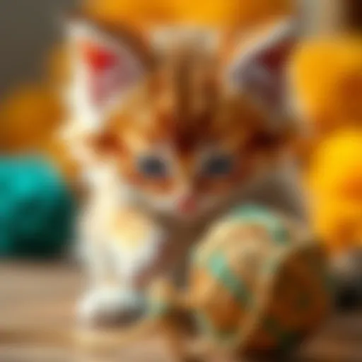 A close-up of a fluffy kitten playing with a yarn ball