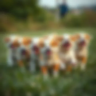 A group of playful puppies in a grassy field