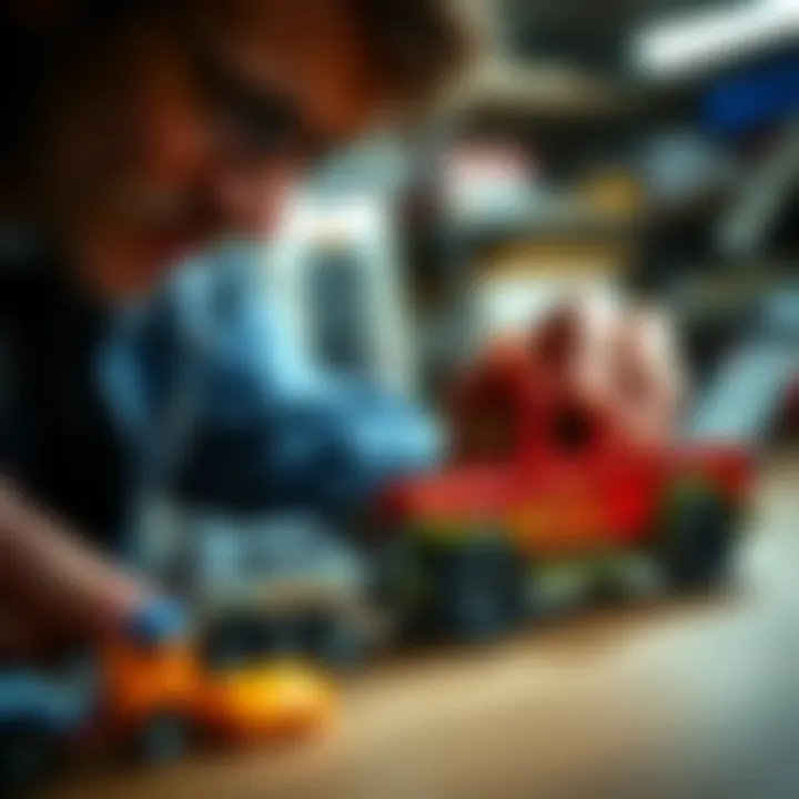 An enthusiast meticulously examining a Matchbox vehicle, reflecting dedication to the hobby.