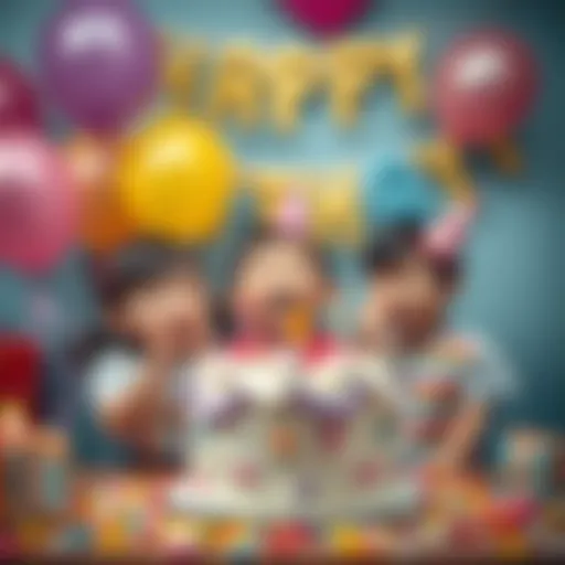 A joyful birthday celebration with balloons and a cake