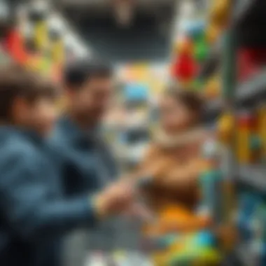 A family choosing a fishing rod toy in a store