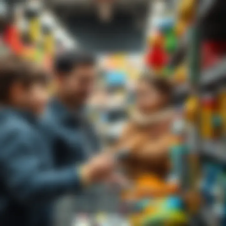 A family choosing a fishing rod toy in a store
