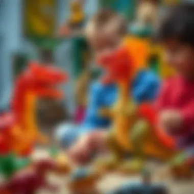 Children engaging with educational toys featuring the fire dinosaur