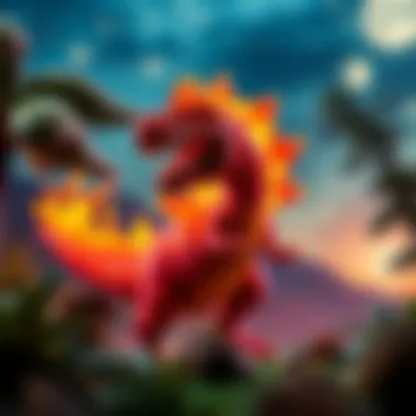 A vibrant illustration of the fire dinosaur in a fantastical landscape