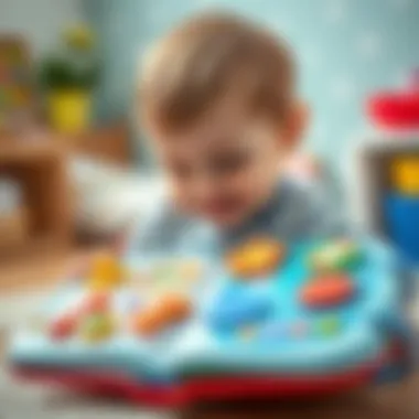 Child Engagement with Musical Book Child interacting with a Fisher Price musical book, smiling and engaged