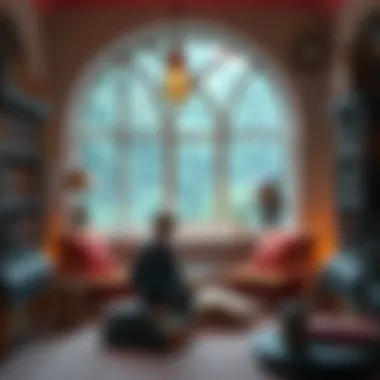 A cozy reading nook with Harry Potter books and themed decor.