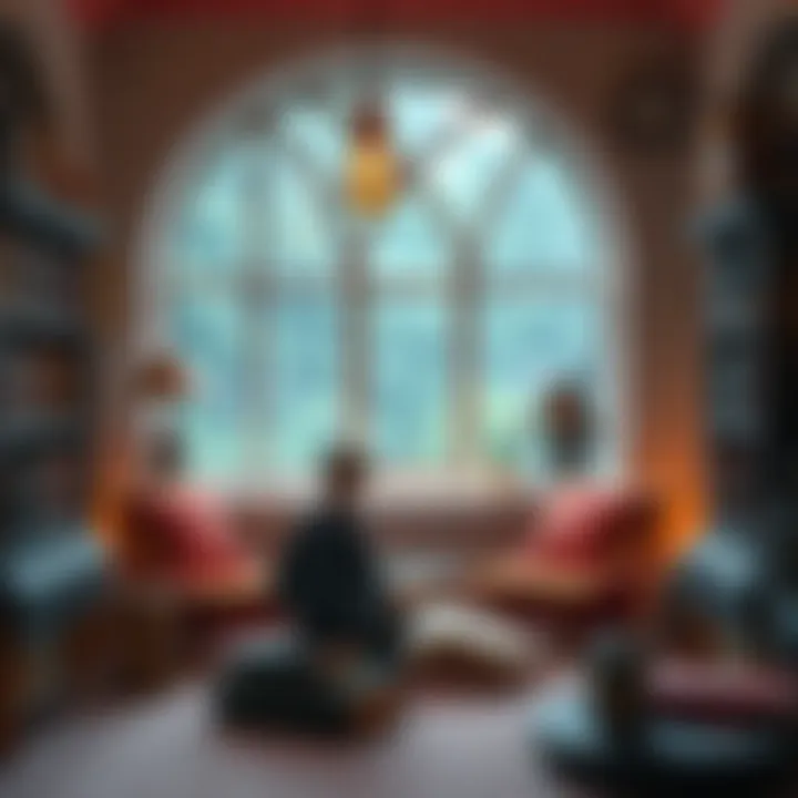 A cozy reading nook with Harry Potter books and themed decor.