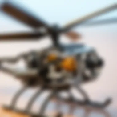Close-up of a toy helicopter with intricate mechanics displayed