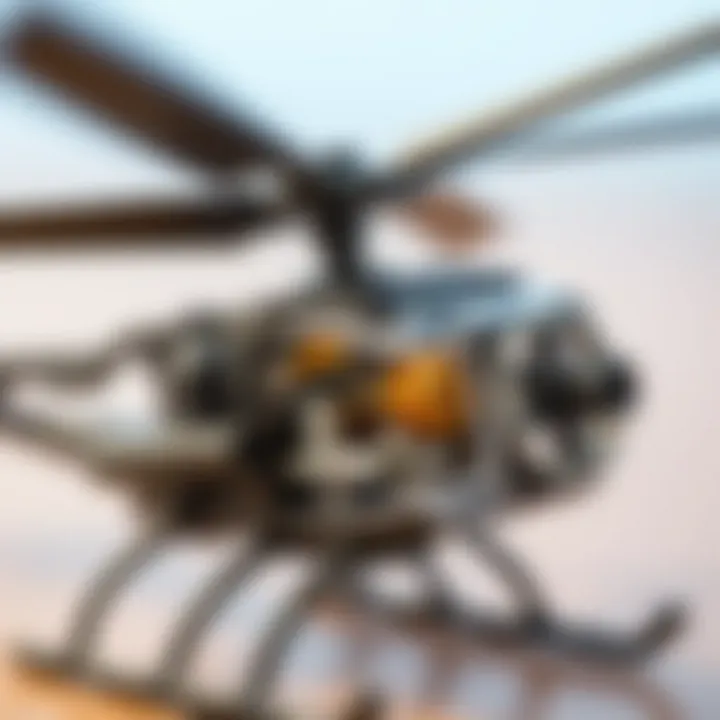Close-up of a toy helicopter with intricate mechanics displayed