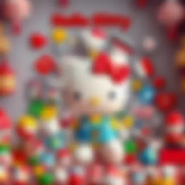 A vibrant illustration of Hello Kitty surrounded by various cultural symbols that represent her global influence.