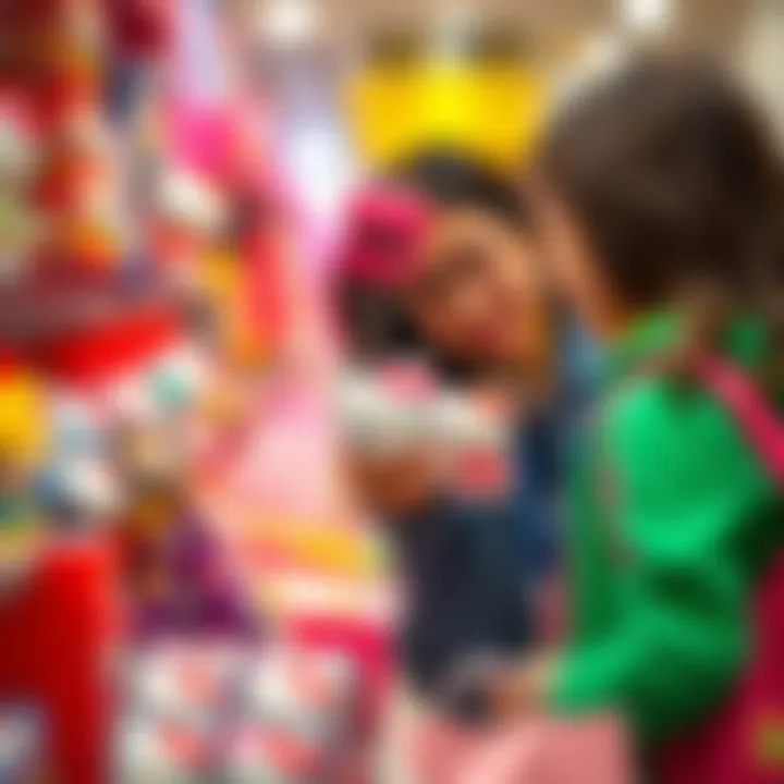 Parents selecting Hello Kitty keychains for their children during shopping