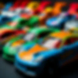 Colorful Hot Wheels cars lined up showcasing their designs
