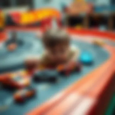 A child playing with Hot Wheels cars on a race track