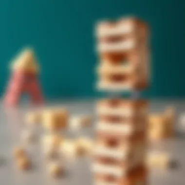 Strategic Jenga Tower A close-up of a balanced Jenga tower showcasing strategic placement of blocks.