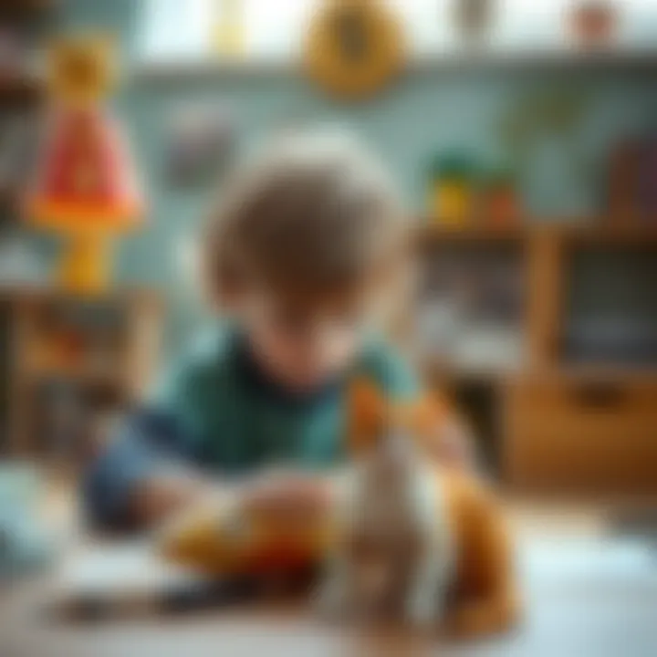 A child playing with a cat model, showcasing creativity